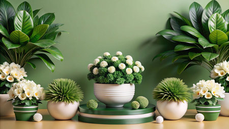 A variety of potted plants with white flowers arranged on a wooden table against a green background.の素材