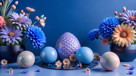Blue Easter eggs and flowers on a blue background.の素材