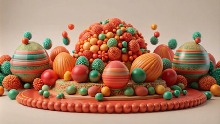 A vibrant abstract arrangement of colorful spheres and patterned balls, creating a visually engaging and textured composition.の素材