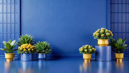Minimalist blue wall with potted plants and geometric shapes.の素材