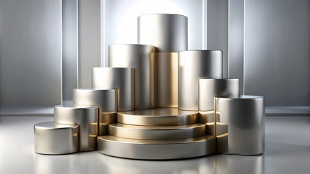 Abstract silver and gold podiums on a white background.の素材