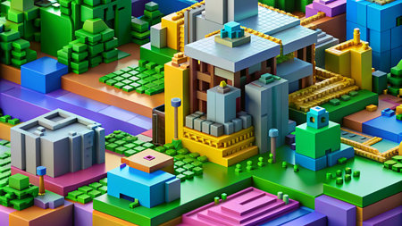 Colorful, abstract 3D cityscape with geometric buildings and landscape.の素材