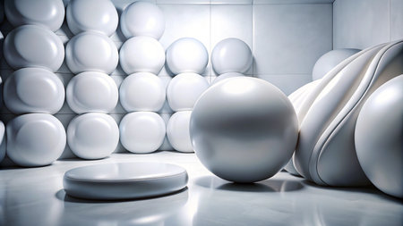 Abstract white background with a podium and geometric shapes.の素材