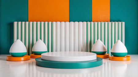 A minimalist, modern product display podium with a teal, orange, and white color scheme, featuring a circular platform and three teardrop-shaped objects.の素材