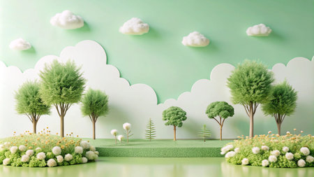 3D rendering of a green landscape with trees, flowers, and clouds.の素材