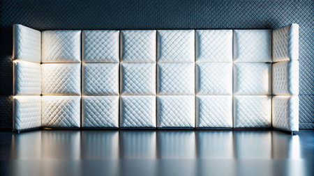 Modern white quilted wall panel with subtle lighting and a reflective floor.の素材