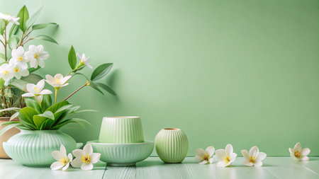 White flowers in green ceramic pots against a green background.の素材