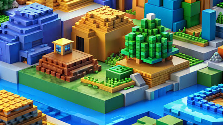 A 3D rendering of a small village built with colorful blocks, featuring a wooden house, a green tree, and a blue river.の素材