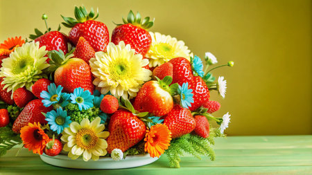 A beautiful arrangement of red strawberries, yellow and orange daisies, and blue flowers in a white bowl on a green wooden table against a yellow background.の素材