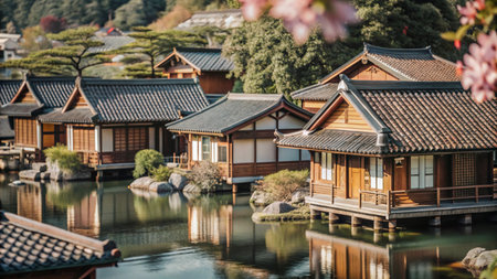 Traditional Japanese houses on stilts over a calm pond with reflection of the houses and surrounding trees.の素材