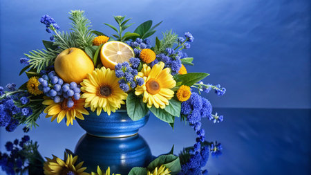 Vibrant yellow sunflowers, blue flowers, and lemon slices in a blue vase on a reflective surface.の素材