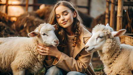 A young woman is sitting in a barn with two sheep.  She is smiling as she gently pets one of the sheep.の素材