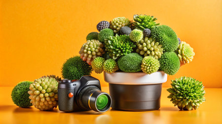 A black camera with a large lens is lying on a yellow background next to a pot of artificial plants.の素材