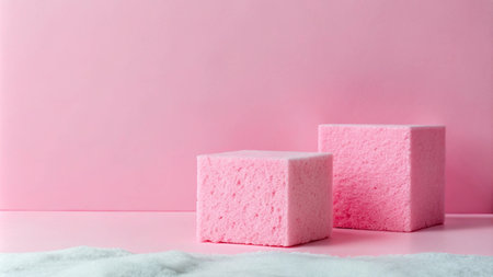 Two pink cube podiums on a pink background with white foam around them.の素材