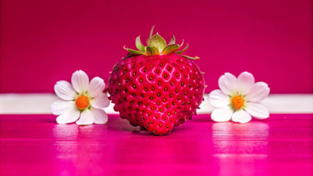 A single red strawberry sits between two white flowers on a pink background.の素材