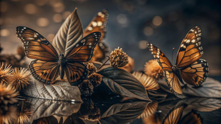 Three monarch butterflies on a bed of golden leaves and buds with bokeh background.の素材