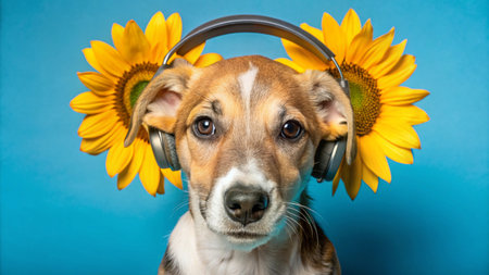 A cute dog wearing headphones with sunflowers behind its ears on a blue background.の素材