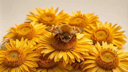 A bee pollinates a sunflower with other sunflowers around it.の素材