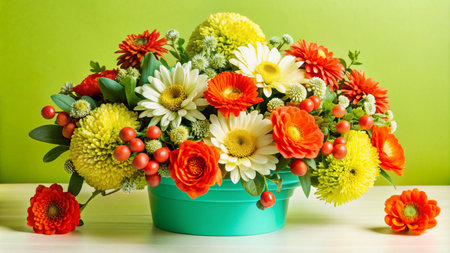 A vibrant floral arrangement in a turquoise vase with white, orange, and yellow flowers.の素材
