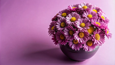 A bouquet of pink daisies in a grey vase on a pink background.の素材