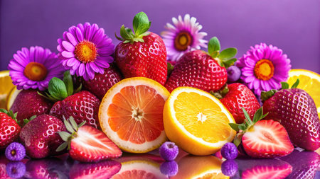 Fresh strawberries, blueberries, oranges and grapefruit with purple flowers on a purple background.の素材