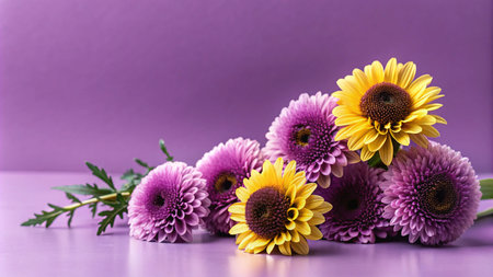 A vibrant bouquet of pink chrysanthemums and yellow sunflowers arranged on a purple background.の素材