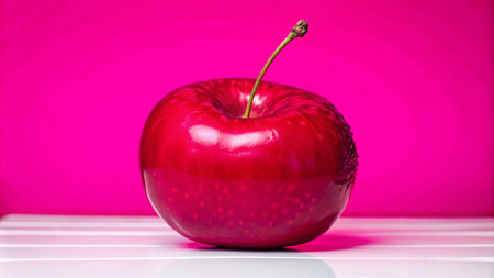 A single red apple on a white surface with a pink background.の素材