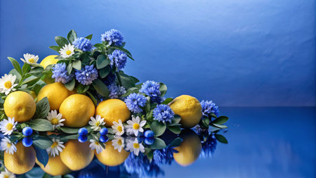 Lemons and blue flowers on a blue reflective surface.の素材
