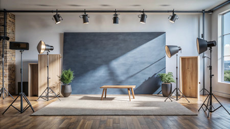 Modern photo studio with grey backdrop, lighting equipment and wooden floor.の素材