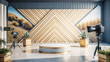 Modern minimalist studio with camera, tripod, and a white podium for product display.の素材