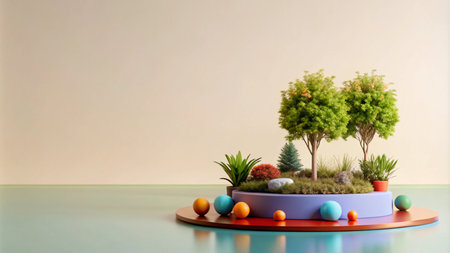 Minimalist still life with green trees and plants on a podium.の素材