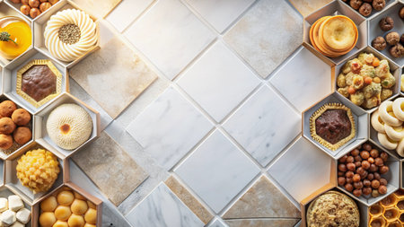 Assortment of delicious pastries in hexagon boxes on a marble table top with copy space.の素材