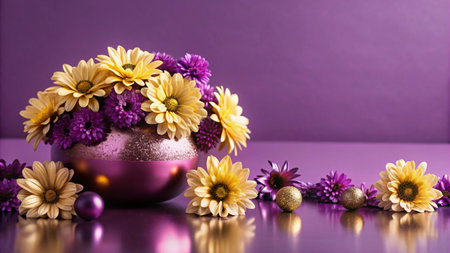 A bouquet of yellow and purple flowers in a pink vase with golden ornaments on a purple background.の素材