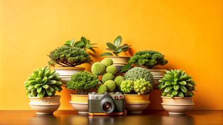 A vintage camera surrounded by potted plants on a wooden table against a yellow wall.の素材