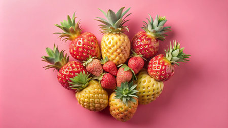 A heart shape made of strawberries and pineapples on a pink background.の素材