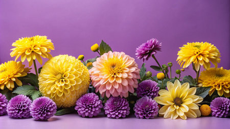 A vibrant arrangement of yellow and purple dahlias on a lilac background.の素材