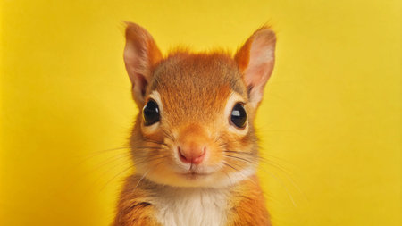A cute red squirrel with big brown eyes looks directly at the camera against a bright yellow background.の素材