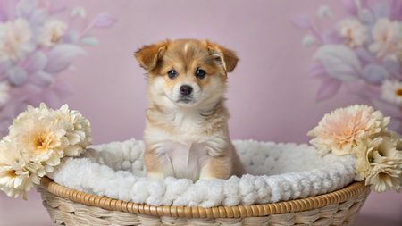 A small, fluffy puppy sits in a wicker basket surrounded by flowers against a pink backdrop.の素材