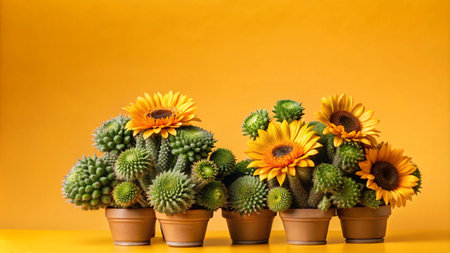 A row of potted cactus plants with sunflowers blooming on top against a bright yellow background.の素材