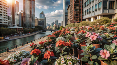 Colorful flowers in pots along a river in a bustling city with skyscrapers in the background.の素材