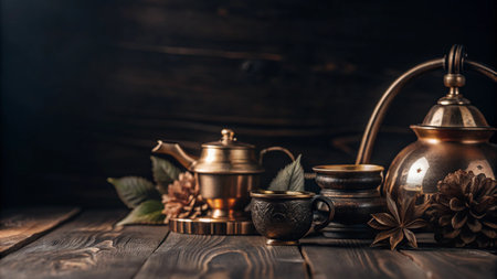 Still life of antique tea set on wooden table.の素材