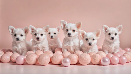 Five adorable white chihuahua puppies sit in a row on a pink background surrounded by pink balls.の素材