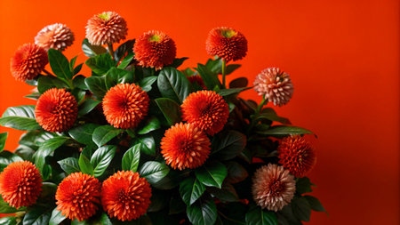 A vibrant bouquet of orange and peach pom pom dahlias against a bright orange background.の素材