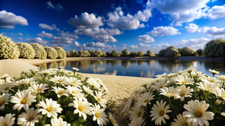 A tranquil scene of a small pond surrounded by white flowers and trees under a blue sky.の素材