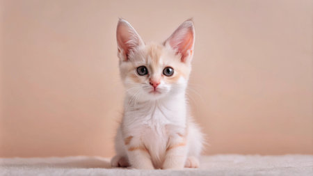 Adorable white and orange kitten with big eyes sitting on a fuzzy white blanket.の素材