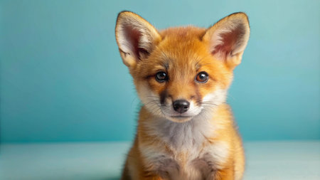 A cute red fox kit with big ears and a curious expression, looking directly at the camera on a light blue background.の素材