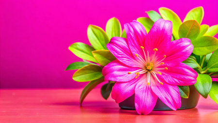 Single pink flower with green leaves in a black pot on a pink surface.の素材