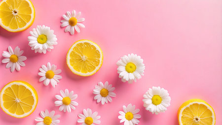 Lemon slices and daisies arranged on a pink background.の素材