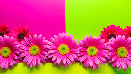 Pink gerbera daisies against a bright pink and green background.の素材