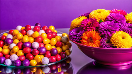 A bowl of colorful candy and a bouquet of vibrant flowers on a purple background.の素材